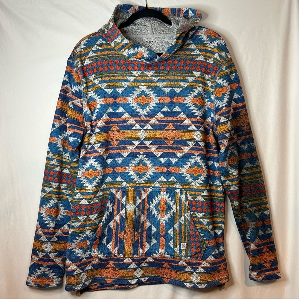 Vibrant Blue and Orange Geometric Hoodie Sweater Size Large